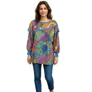 Vintage Diane Freis Tunic Top Art To Wear Psychedelic Georgette Colorful Large